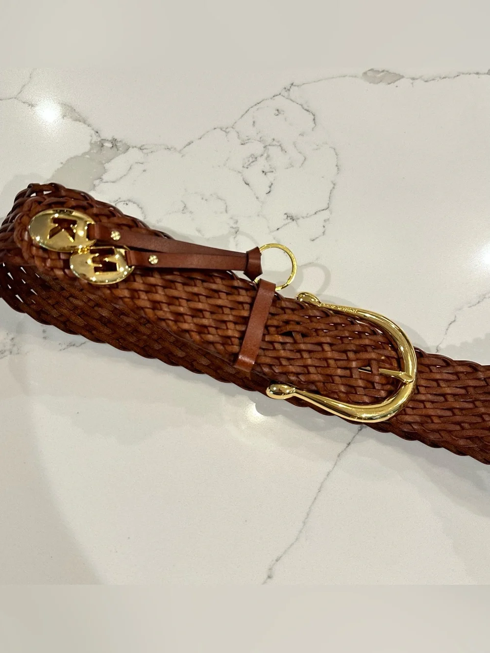 Michael Kors Brown Leather Braided Wide Belt Women’s L Logo Gold Buckle Charm